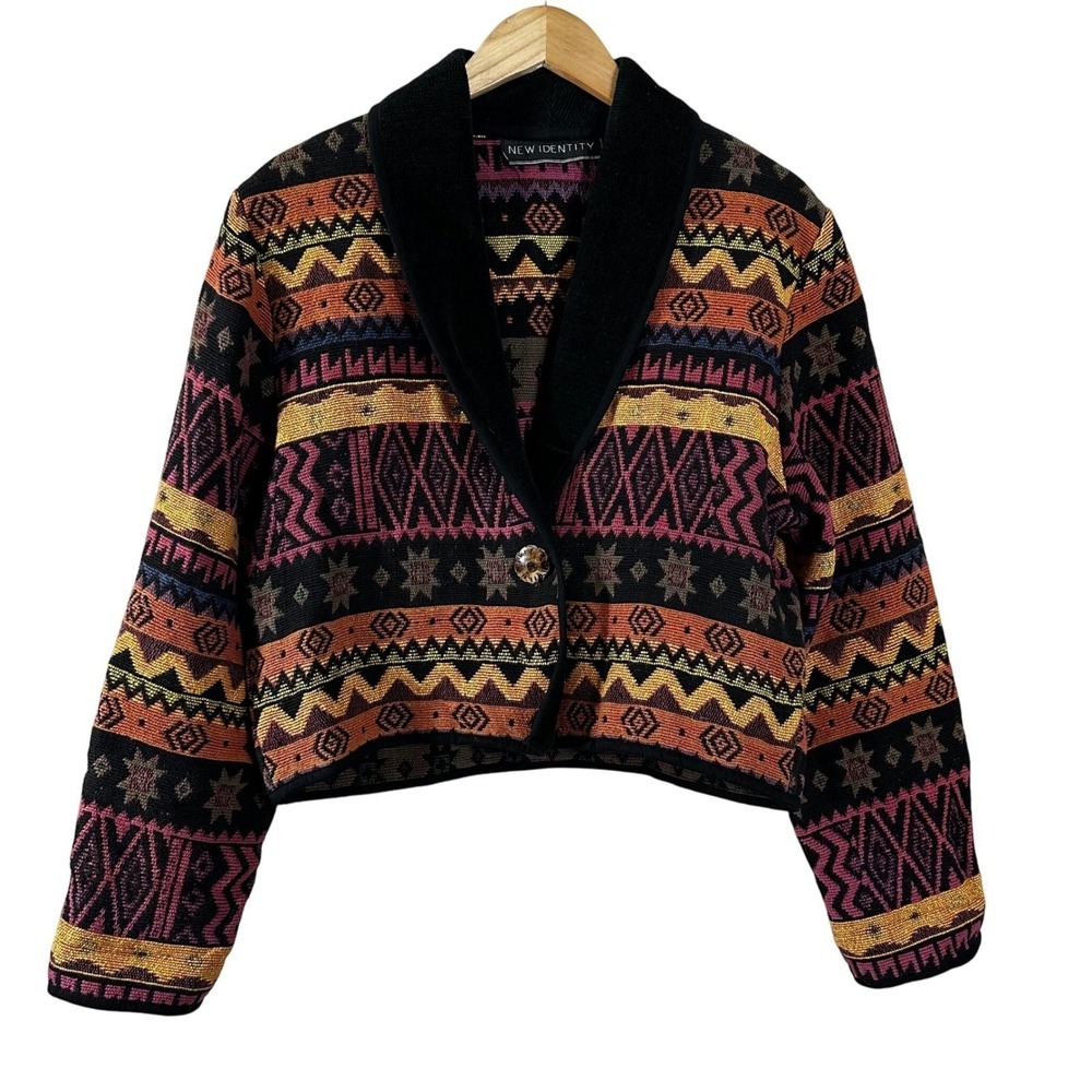 New Identity Vintage Womens Large Cropped Tapestry Jacket Southwestern Aztec L